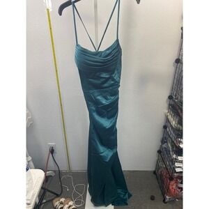 Pomuyoo Teal Satin Cowl Neck Ruched Formal‎ Gown Lace Up Back Prom Dress 10